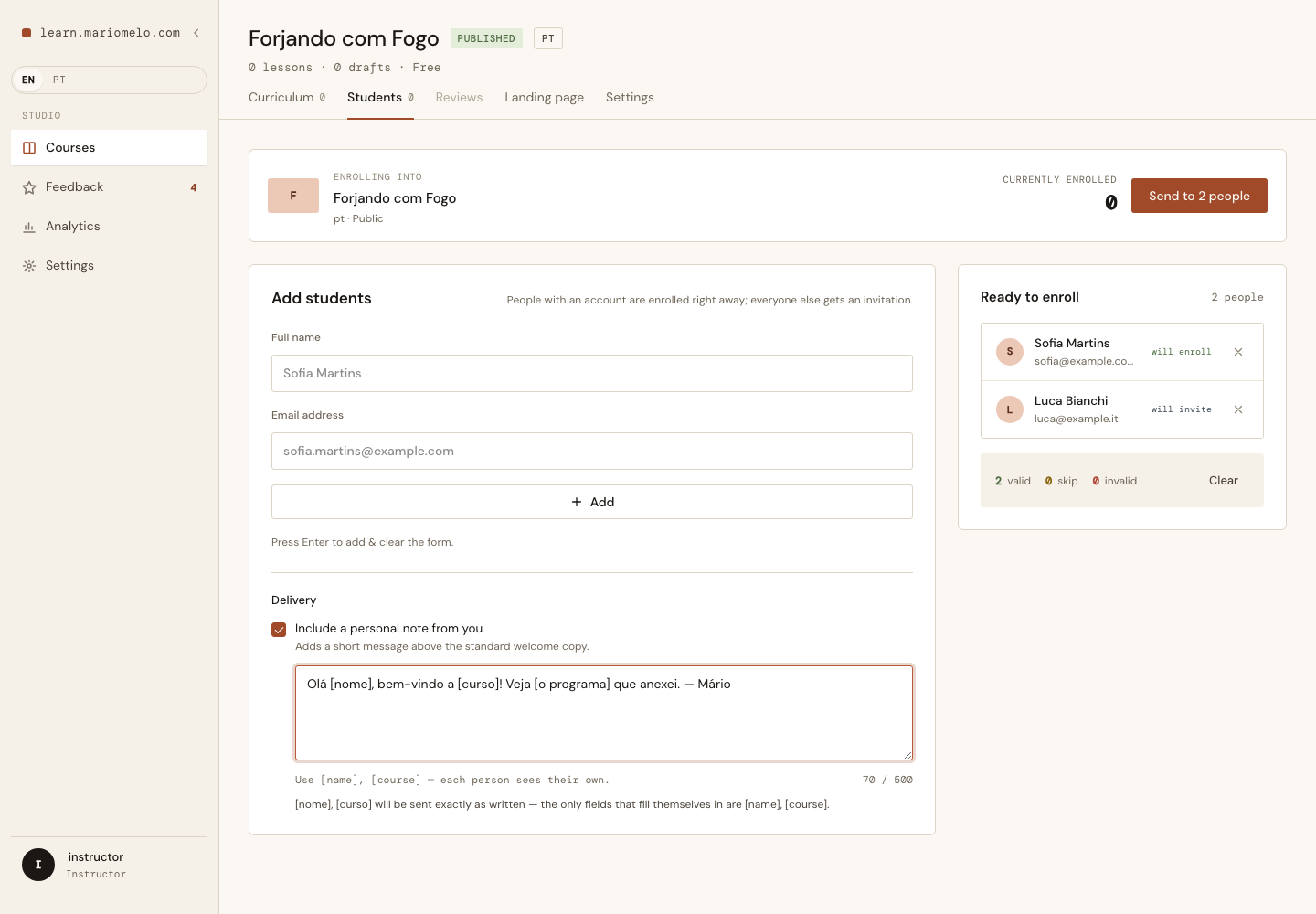 The warning naming [nome] and [curso], listing the real fields, with Send still enabled