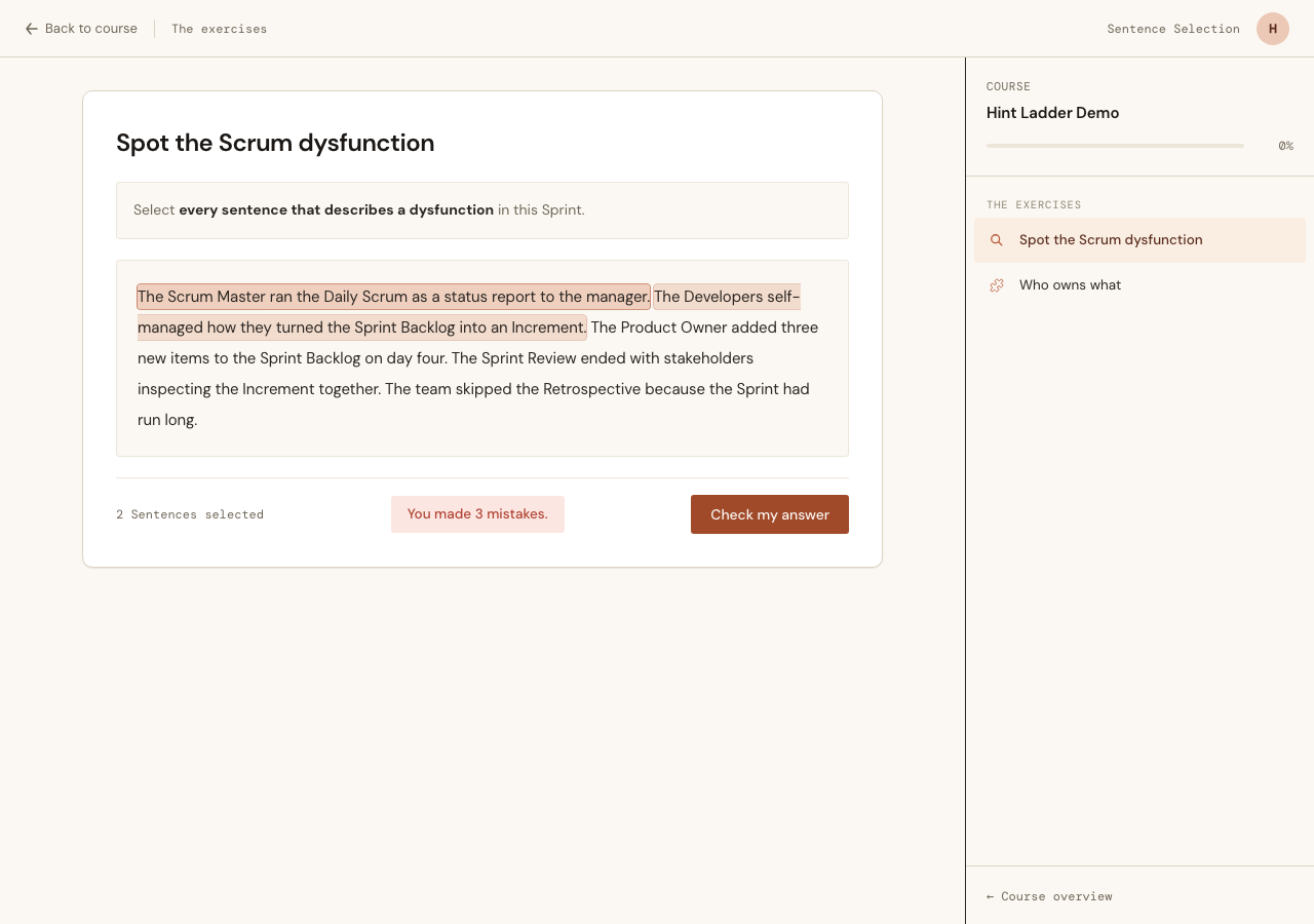 A Sentence Selection after one failed Check: two Sentences selected, the feedback reading You made 3 mistakes, and no mark anywhere in the passage