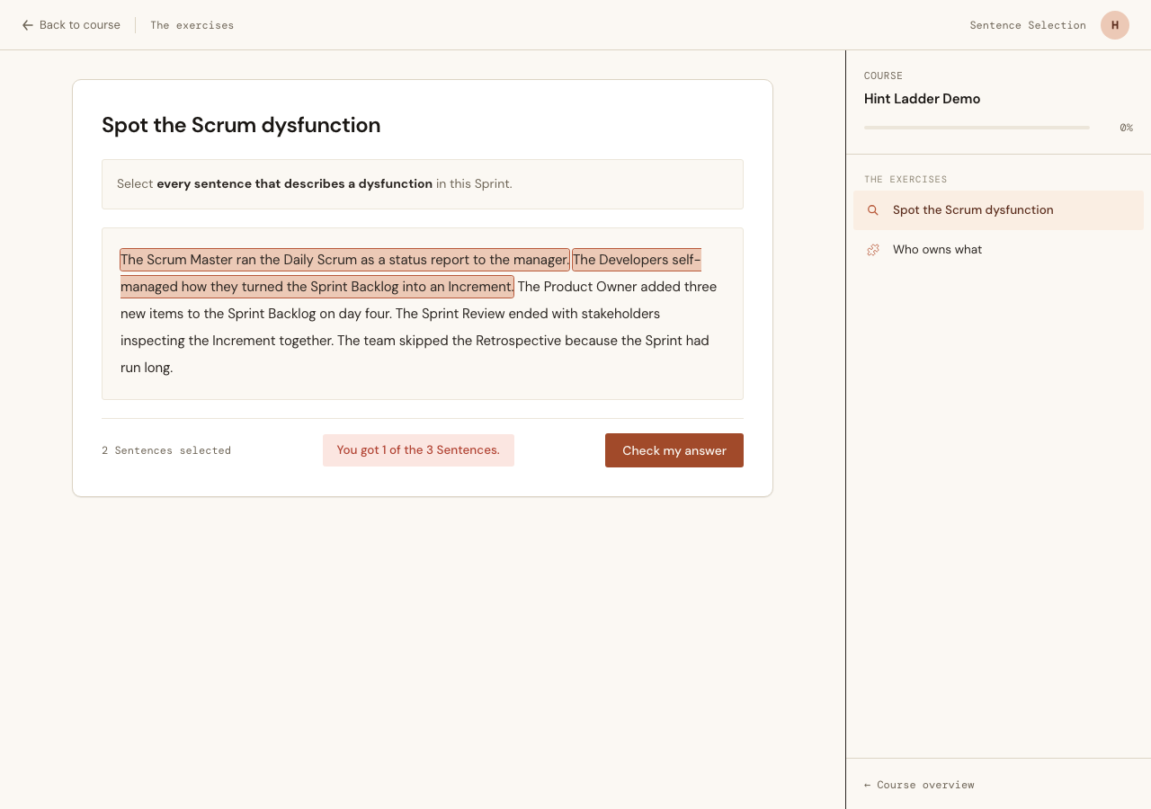 The 3rd failed Check: the feedback now reads You got 1 of the 3 Sentences, and the passage still carries no marks