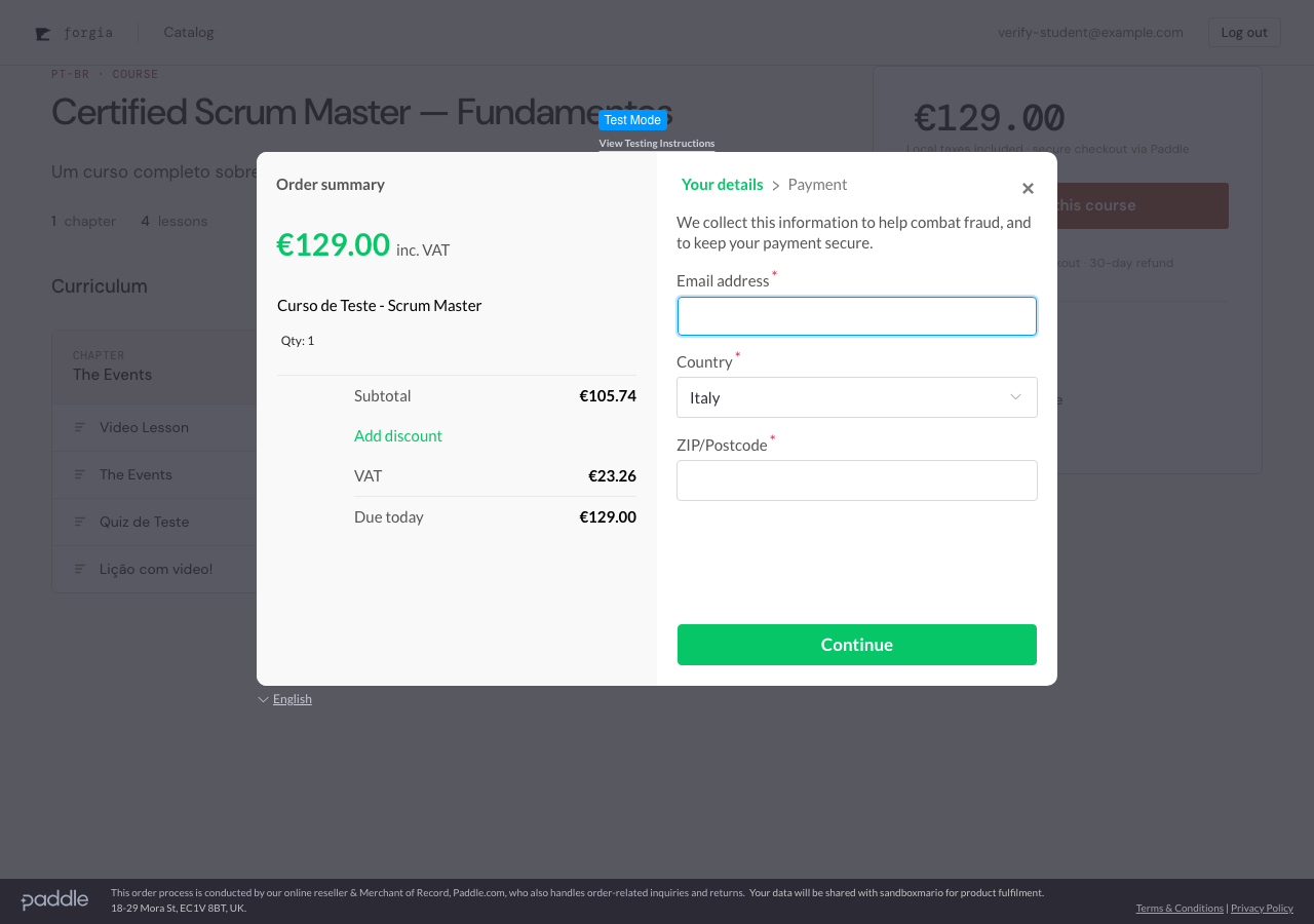 The Paddle checkout overlay, in sandbox Test Mode