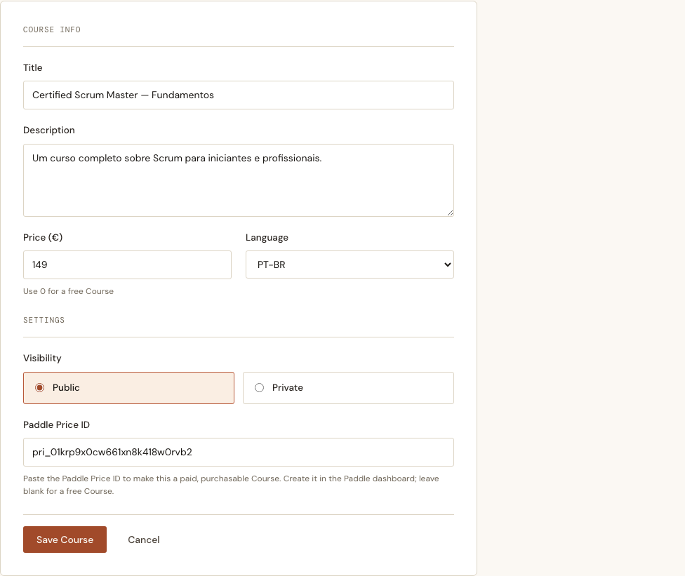 The Instructor links a Paddle Price by pasting its id