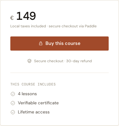 The purchase panel — localized price, Buy, and what the course includes
