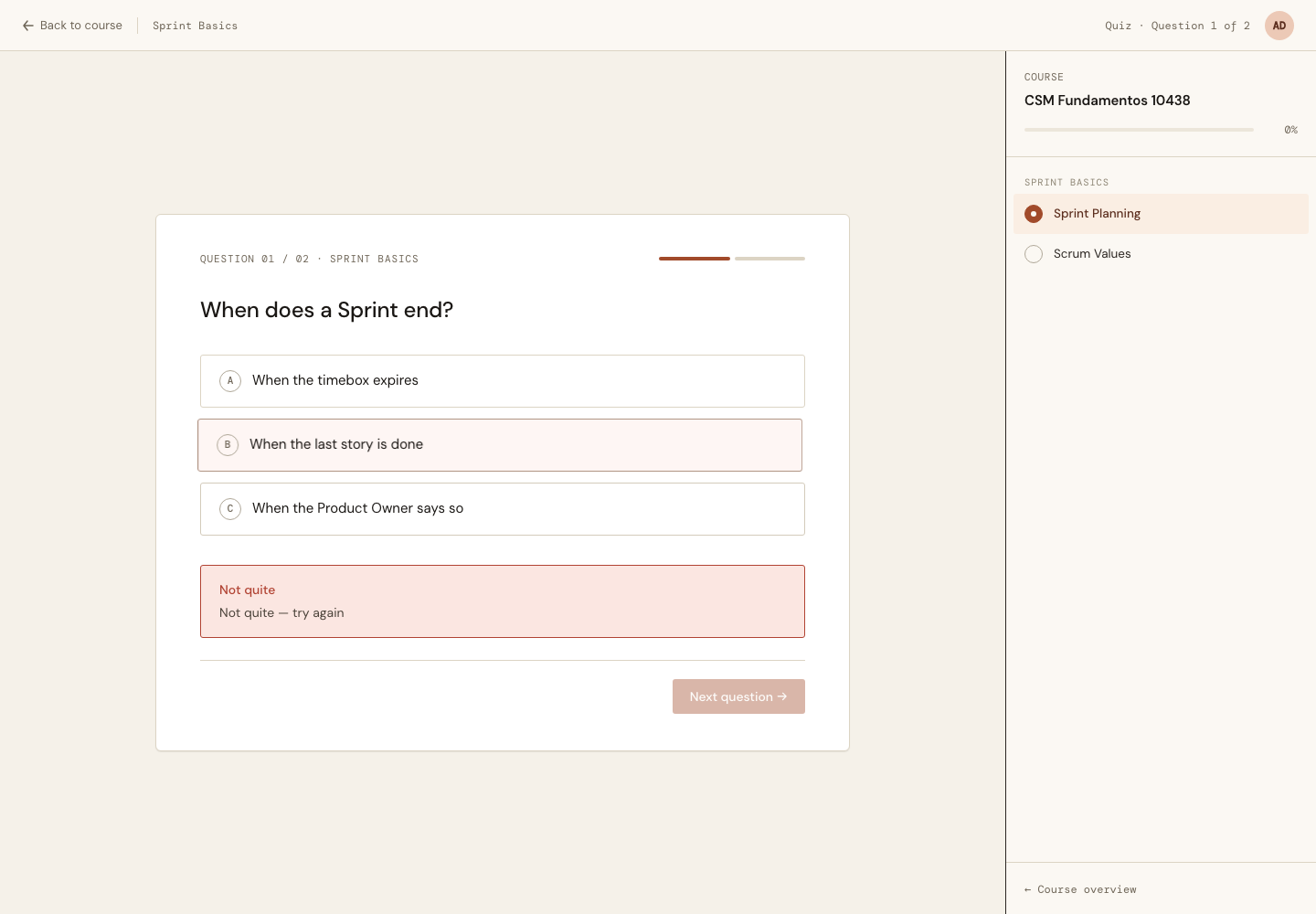 The Quiz player after a wrong pick — the option marked in red, a nudge underneath, and the Student free to pick again. Nothing about this screen changed; it just started leaving a trace.
