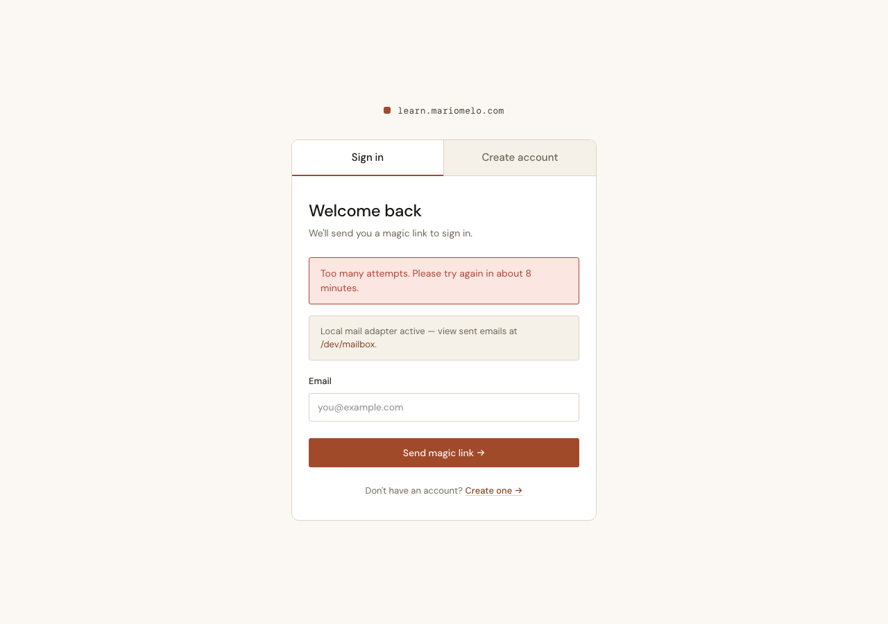 The sign-in page showing the error &ldquo;Too many attempts. Please try again in about 8 minutes.&rdquo; above the email field