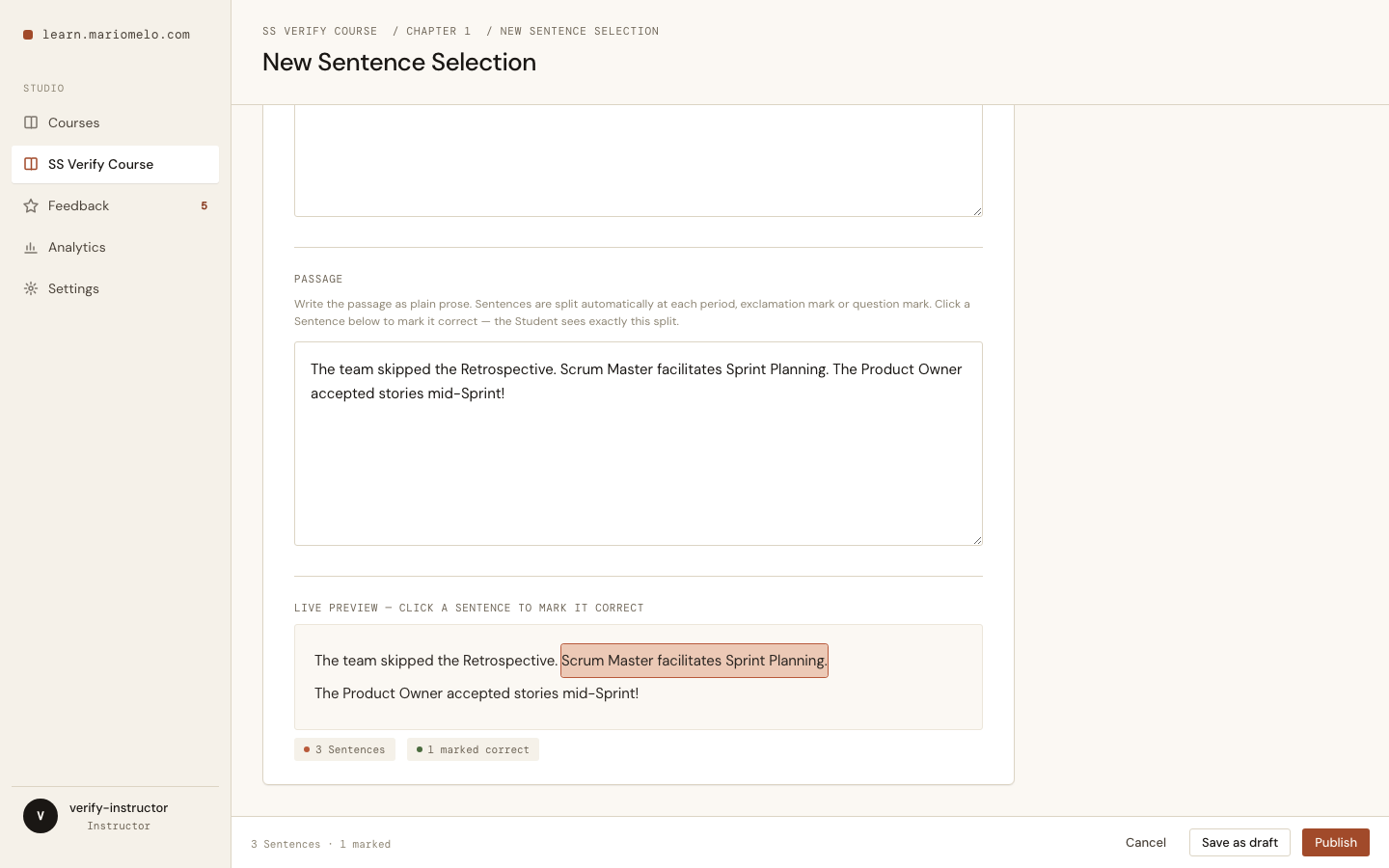 Marking a sentence correct in the live preview