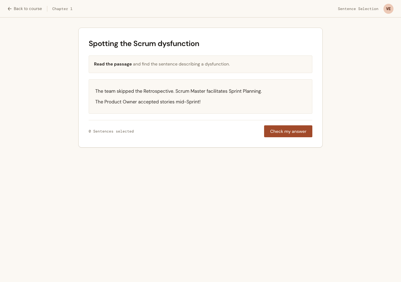 The student&rsquo;s first view — Prompt, then the passage as clickable sentences
