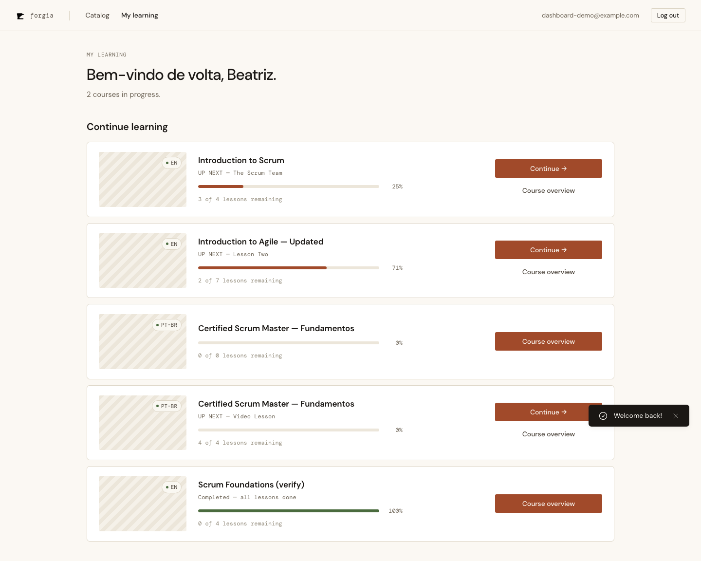 My learning — one card per enrolled Course, ordered in-progress first