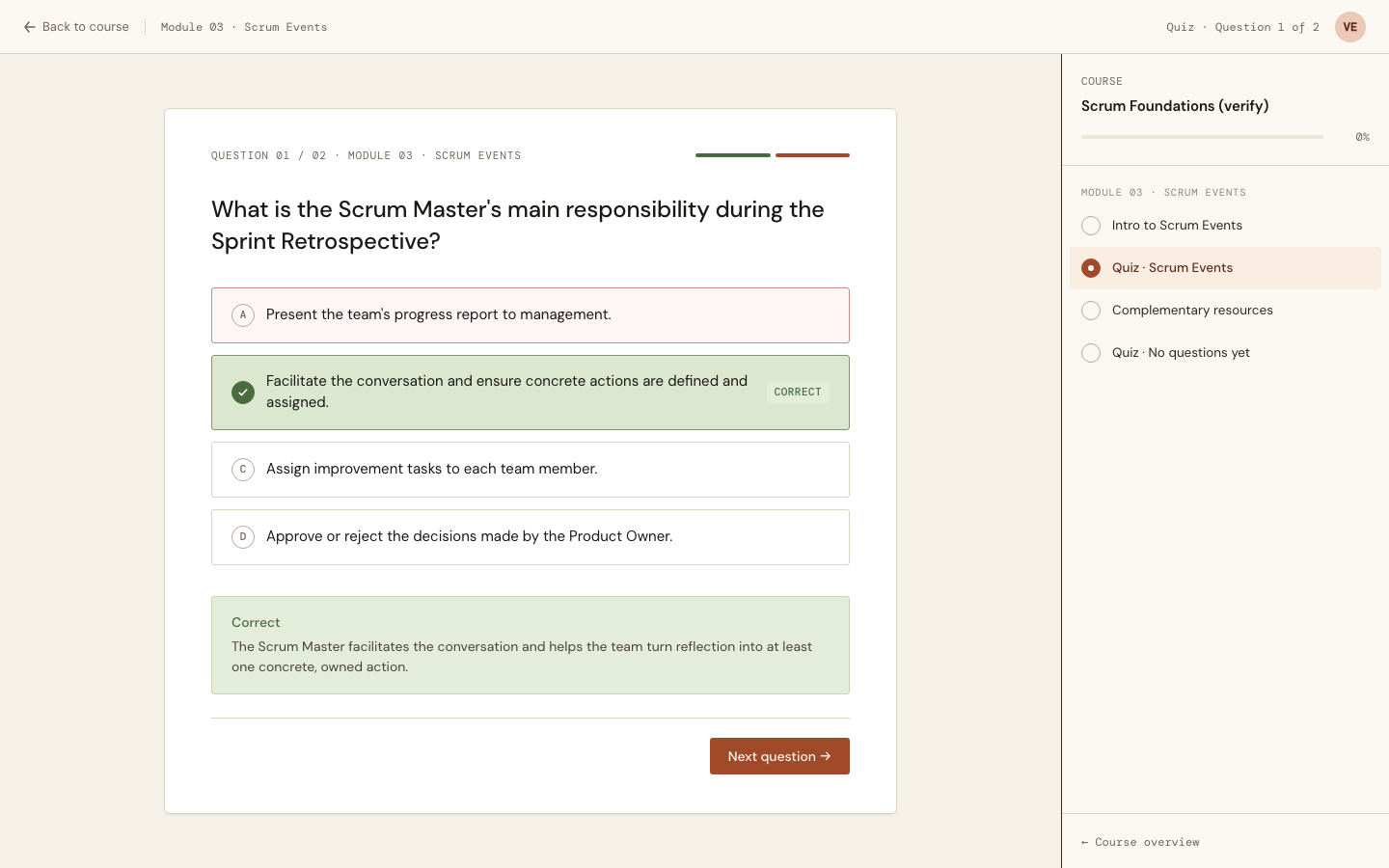 Correct answer feedback