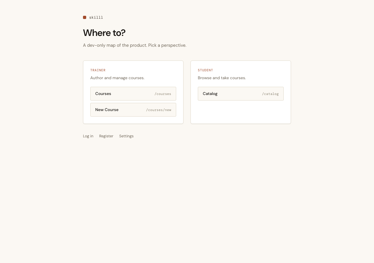 Dev home page with Trainer and Student columns