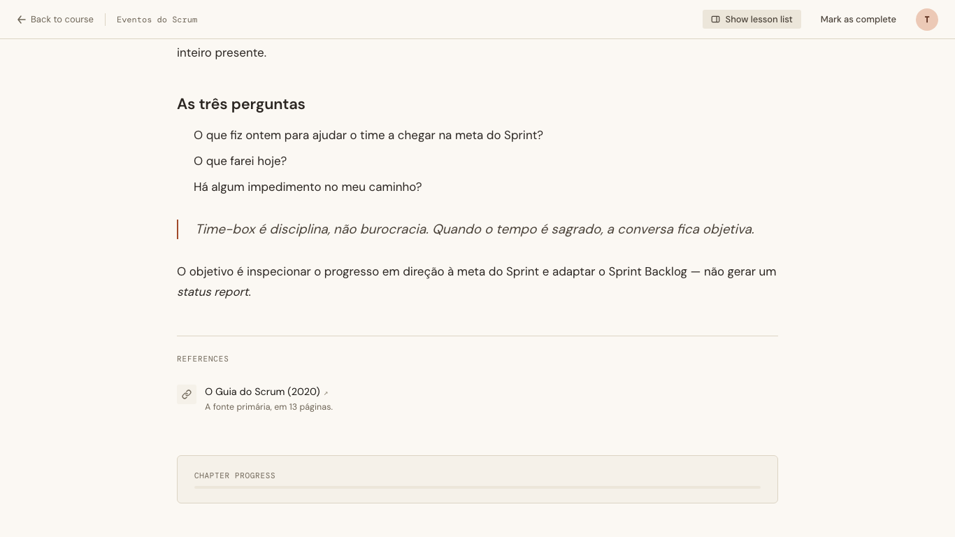 Below the video: the markdown body, the References endnote and the chapter progress bar, in an 860px column