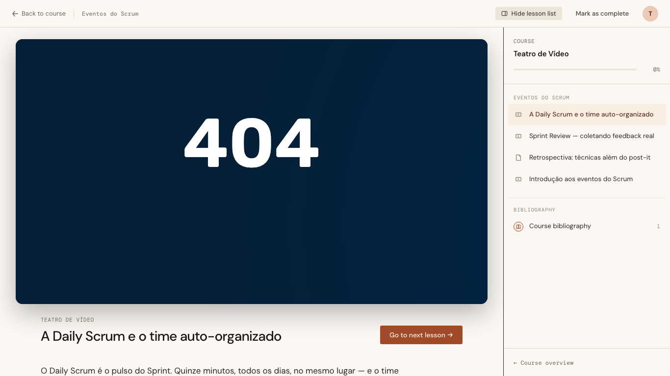 The sidebar expanded: the video narrows to make room, and the title strip below carries the course name, the Lesson title and Go to next lesson