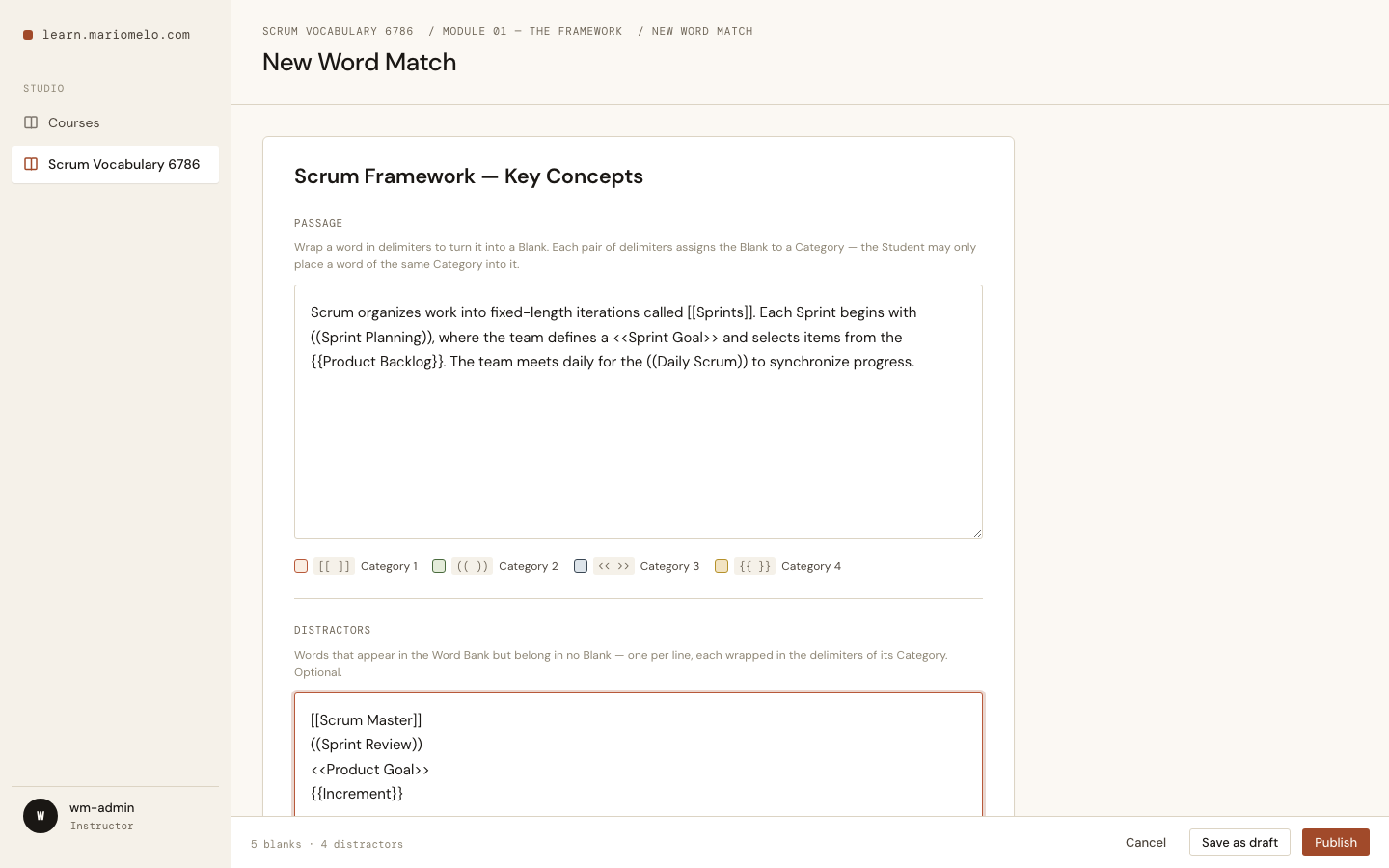The Word Match authoring screen